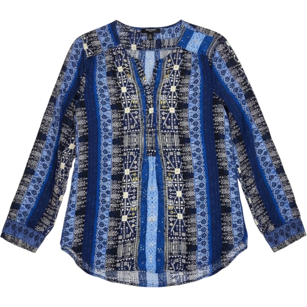 Nine West Jeans Blouse Womens XXL Blue Geometric Boho Excellent Long Sleeve Top